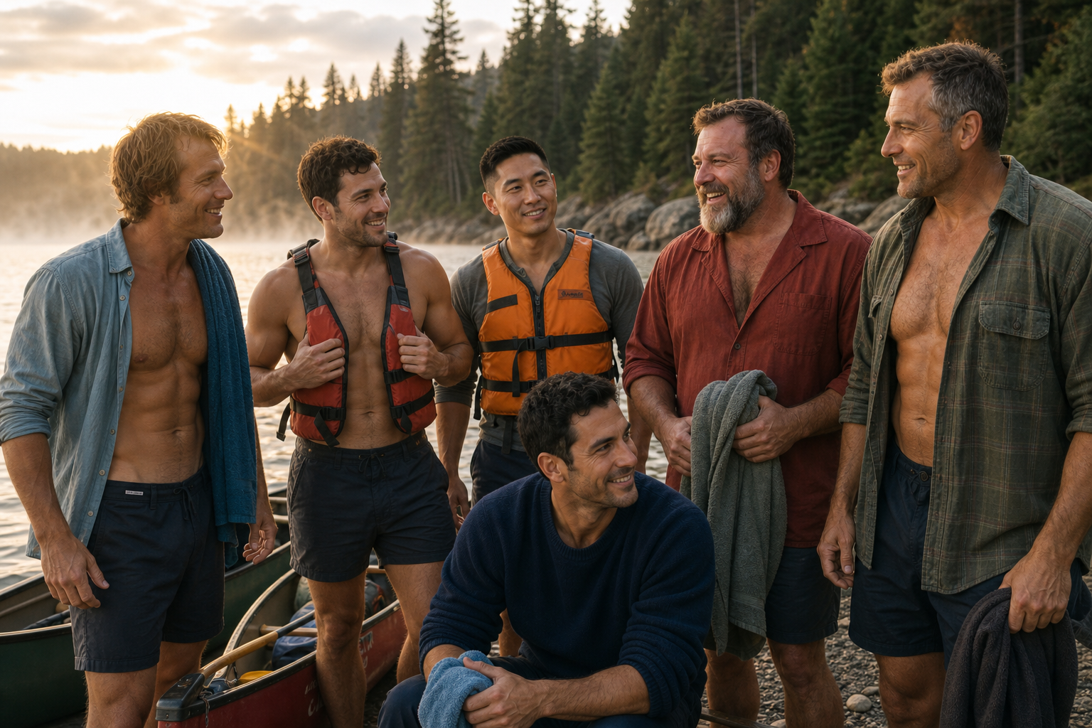 Cascade Paddle Club at a misty Northwest lake, canoes on the shore